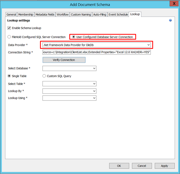 Schema lookup configuration with Excel spreadsheet