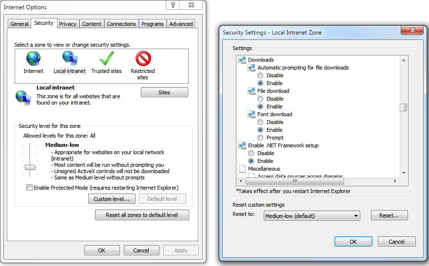 Local intranet settings for downloading