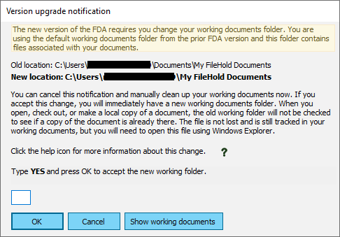 FDA version upgrade notification dialog